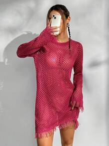 SHEIN Unity Women's Solid Color Round Neck Sheer Long Sleeve Casual Elegant Dress - Hot Pink - View 1