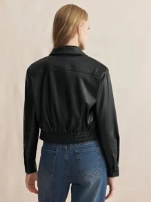 BizChic Black PU Elastic Hem Fitted Long Sleeve Jacket - Black - View 8