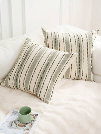 כיסויי כריות דקורטיביים בסגנון בוהו, ציפית לכרית עם טקסטורה בסגנון כפרי, 18X18 אינץ', ציפית לכרית ספה לחדר שינה לסלון בעיצוב הבית, פסים ירוקים זית ובז' (יחידה אחת, 2 יחידות זמינים)