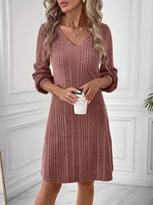 SHEIN Clasi Women's Plain Simple Long Sleeve Short Dress For Daily Wear Fall Clothing Long Sleeve Women Dress - Pink - View 6