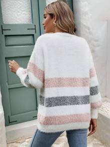 SHEIN Frenchy Striped Pattern Drop Shoulder Fuzzy Cardigan,Earthy Clothes,Airport Outfit,Ladies Spring/Fall Casual Button Drop Shoulder V Neck Regular Fit White Striped Women Cardigans,Casual Daily Wear,Long Sleeve Tops