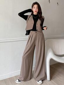 DAZY 2 piezas Conjunto casual de mujer con chaleco de cuello en V sólido de un solo botonadura y pantalones de pierna ancha, ropa de otoño, ropa de vuelta al colegio