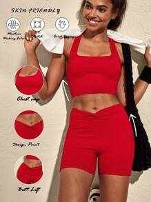 VARSITIE Halter Tank Top And Twisted Shorts Seamless Women Sports Sets - Red - View 8