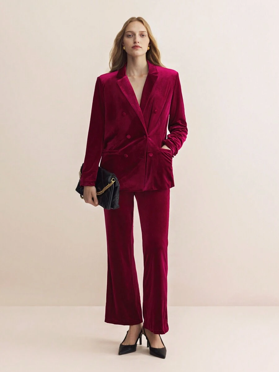 BizChic 西裝領絲絨西裝外套和褲子 - 紅色 - 查看 1