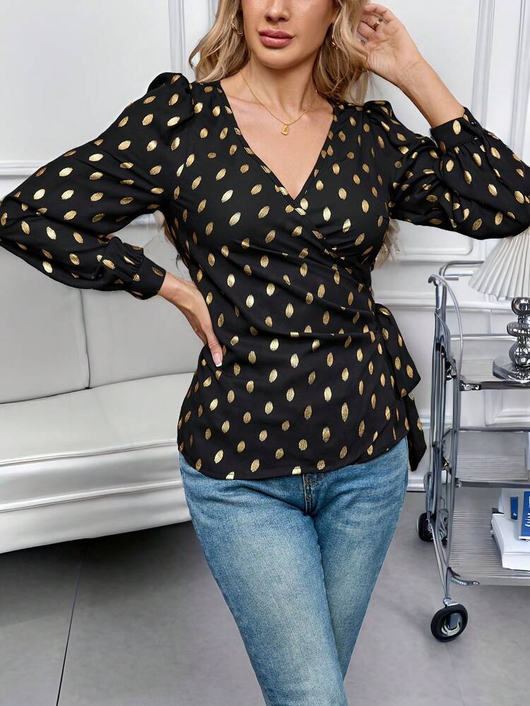 Women's Simple Floral Print V-Neck Long Sleeve Blouse
