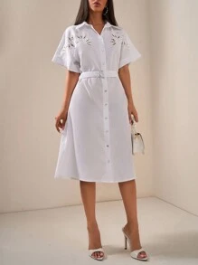 EURMUSE Placement Eyelet Embroidered Front Button  Shell Belt Long Dress - White - View 4