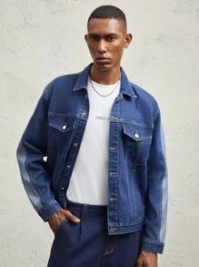 AKNOTIC Business Casual 男士宽松落肩翻领长袖休闲牛仔夹克，适合秋季 - 深色水洗藍 - 查看 2