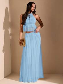 SHEIN BAE Damska letnia spódnica asymetryczna z marszczeniami i wysokim rozcięciem w jednolitym kolorze, z niskim stanem, idealna na plażę, wakacje i randkę