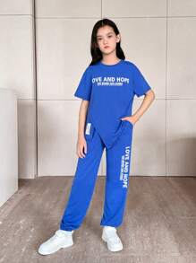 Tween Girl 休闲街头风格针织圆领短袖 T 恤和抽绳裤套装 - 寶藍色 - 查看 1