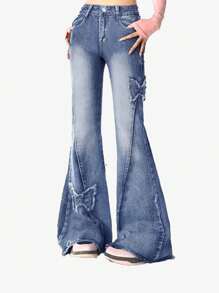 Women's Y2K Vintage Patch Embroidery Flared Denim Jeans - Blue - View 1