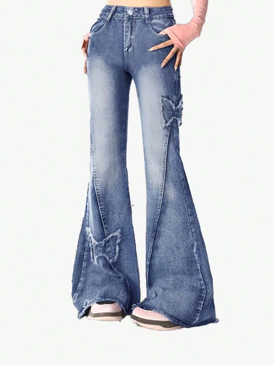 Women's Y2K Vintage Patch Embroidery Flared Denim Jeans - Blue - View 1