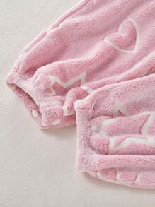 Women's Heart & Star Jacquard Fleece Fluffy Sleep Pants, Thick Winter, For Fall Winter, Cozy - Baby Pink - View 4