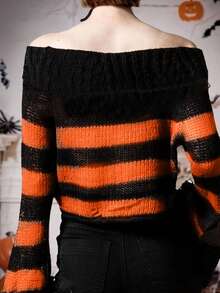 Jersey de mujer de manga larga con diseño de rayas de contraste de un hombro y agujero, de moda nueva para Halloween - Multicolor - Ver 2