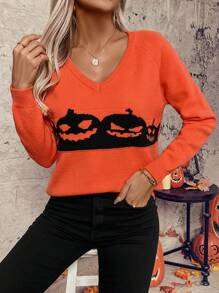 SHEIN LUNE Orange V-Neck Cartoon Pattern Cute Fall Long Sleeve Pullover Sweater