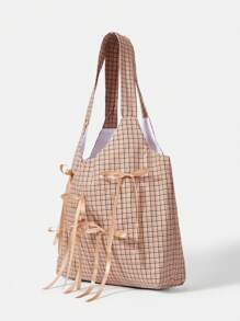 SHEIN MOD Fashionable Plaid Contrast Color Bow Decor Large Capacity Tote Bag - Khaki - View 2