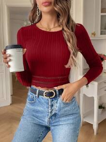 SHEIN Frenchy 纯色蕾丝边短款圆领粒纹面料T恤