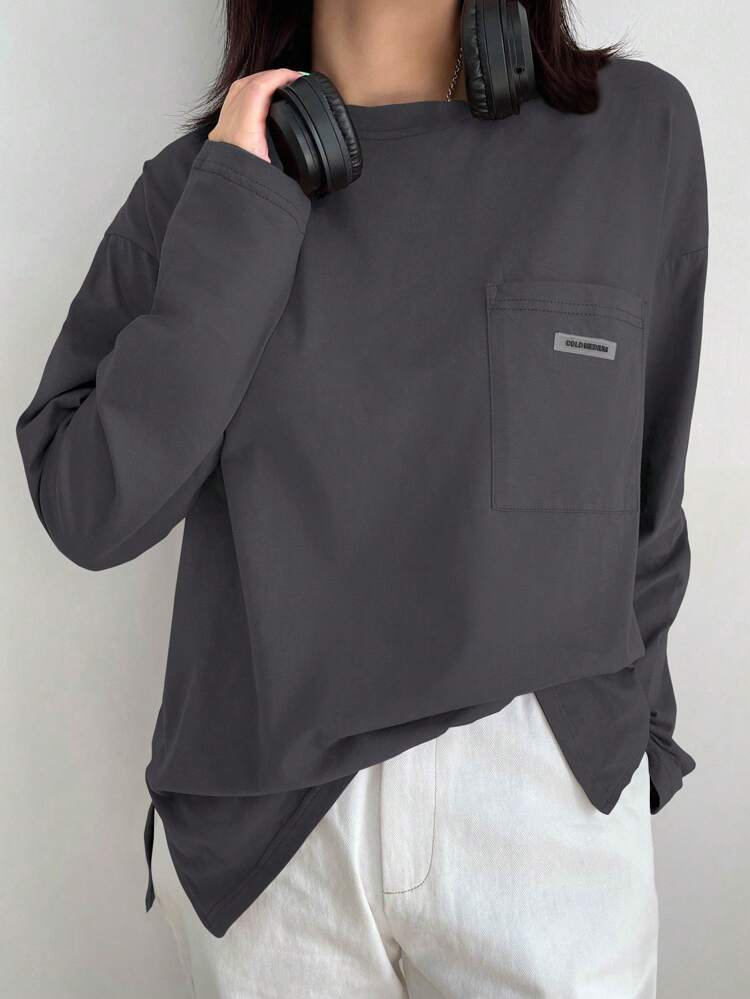 Women's Crew Neck Long Sleeve Casual Pocket Solid Color T-Shirt,Fall Clothes