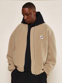 SUMWON Cozy Sherpa Bomber Jacket Fuzzy Teddy Fleece Winter Outerwear Zip Up Casual Urban Streetwear Plush Comfortable Warm Soft Daily Wear - Khaki - View 3