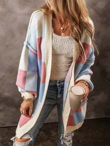 Acelitt Kolorowy damski kardigan w kratkę, kontrastowy kolor, luźny, swobodny, z długim rękawem, jesień/zima