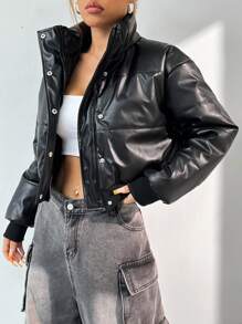 Muchica PU 立领纯色拉链短款夹棉大衣，秋冬款 - 黑色 - 查看 3