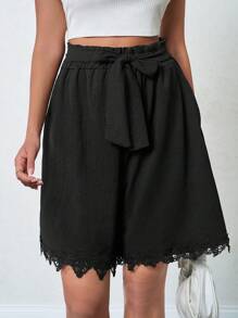 EURMUSE Women Lace Splicing Floral Hem Shorts - Black - View 6