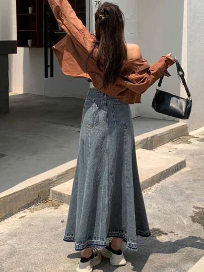 DAZY Chân váy maxi denim siêu dài dành cho nữ với viền tua rua, kiểu dáng Y2K.
