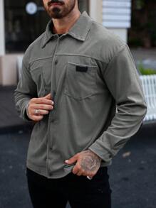 Manfinity Homme 男士贴花双口袋灯芯绒外套 - 深灰色 - 查看 6