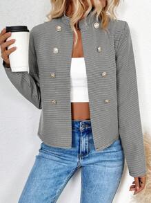 Chiquease Chaqueta con doble botonadura de metal con cuello alto, manga larga y estampado de pata de gallo para mujer, para primavera y otoño