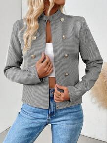 Chiquease Chaqueta con doble botonadura de metal con cuello alto, manga larga y estampado de pata de gallo para mujer, para primavera y otoño