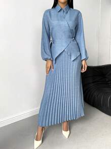 SHEIN Clasi Bộ 2 món cổ áo quấn quyến rũ thanh lịch, tay dài - Màu xanh lam - Xem 4