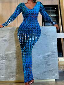 SHEIN Slayr 女式 V 领长袖超长修身印花连衣裙 - 藍色 - 查看 1