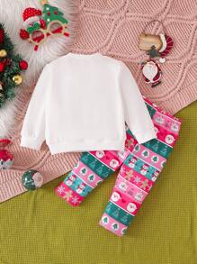 Bộ trang phục Giáng sinh 2 món cho bé gái, áo trắng in hình ông già Noel và quần dệt kim rộng rãi họa tiết, thường ngày mùa đông - Nhiều màu - Xem 2