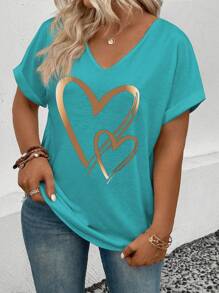 SHEIN LUNE 大码休闲 V 领荷叶边袖口心形印花 T 恤图案 T 恤女式上衣 - 藍色 - 查看 3