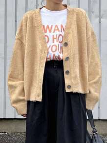 FRIFUL Cardigan casual feminino de cor sólida com ombros caídos, primavera/outono, roupas femininas de outono - Camelo - Ver 3