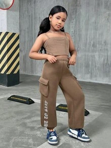 SHEIN 青少年女孩休闲街头时尚纯色连帽运动衫运动衫配吊带背心和抽绳裤母女套装（2 套单独出售），羊毛，加厚 - 棕色 - 查看 5