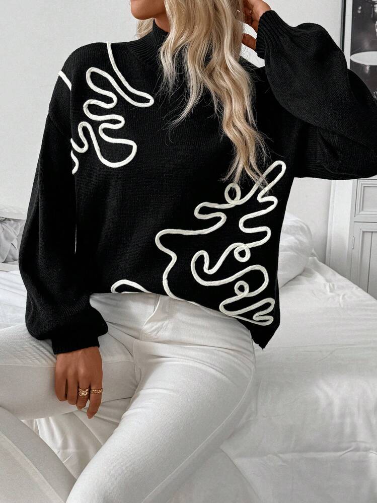 SHEIN LUNE Women's Casual Autumn/Winter Crew Neck Embroidered Sweater, Knit Pullover Fall - Black - View 6
