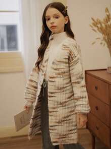 SHEIN Tween 女童厚款混色纽扣开衫毛衣夹克 - 彩色 - 查看 6