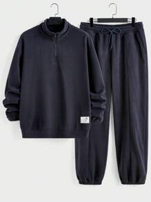 Manfinity Hypemode 2pcs Men's Stand Collar Zip-Up Plain Sweatshirt And Casual Pants Suit