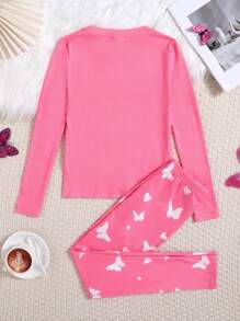 SHEIN Tween Girl 紧身心形印花上衣和蝴蝶印花长裤家居服套装 - 玫紅色 - 查看 2