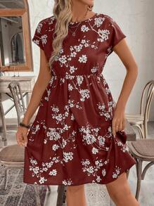 EMERY ROSE Vestido de verano de manga corta con cuello redondo y estampado floral diminuto - Burdeos - Ver 1