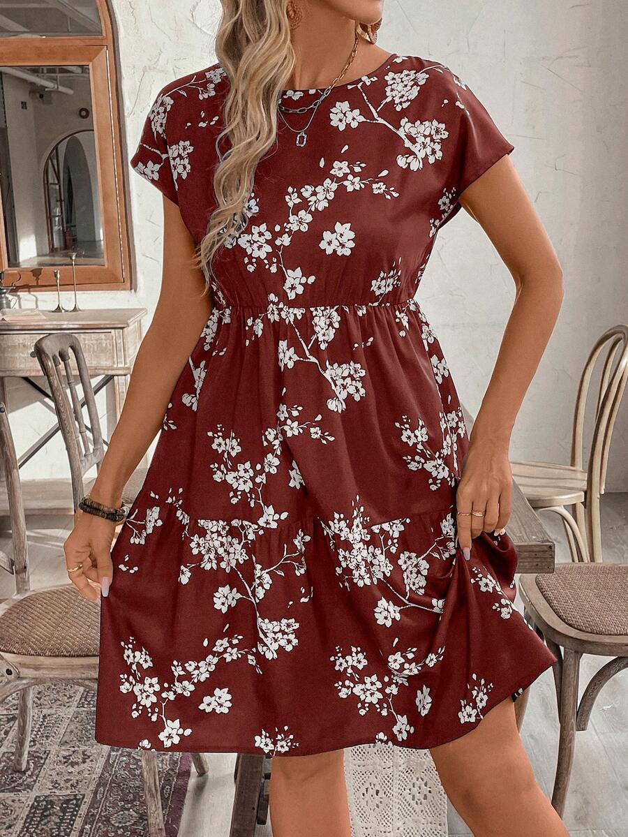 EMERY ROSE Vestido de verano de manga corta con cuello redondo y estampado floral diminuto - Burdeos - Ver 1