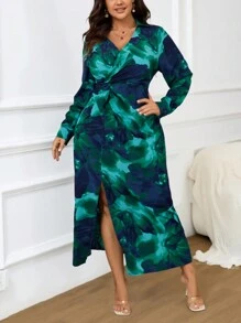SHEIN Frenchy Vestido con estampado floral simple y efecto cruzado en el frente, escote en V y aberturas, talla grande, estilo Bridgerton - Verde - Ver 3