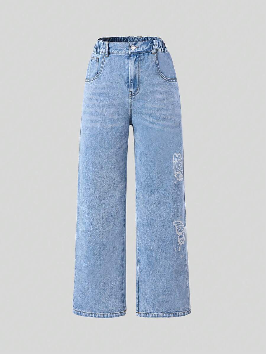SHEIN Tween Girls Butterfly Print Denim Jeans