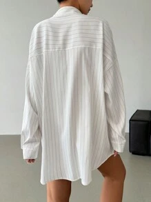 SHEIN EZwear Women's Button Collar Long Sleeve Pockets Striped Short Casual Dress - White - View 2