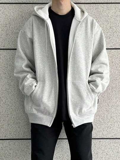男式纯色长袖拉链抽绳连帽休闲运动衫