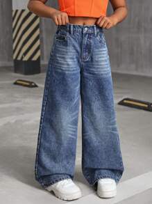 SHEIN Tween Girls Y2K 2000s Retro Washed Baggy Casual Denim Wide Leg Jeans ,Girls Fall Clothes Back To School Streetwear Outfits - Medium Wash - View 5