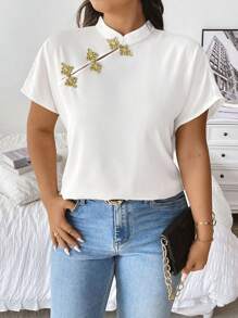 Franclia Blusa de manga corta con botones de estilo chino talla grande para mujeres