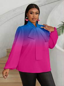 Maweii Camicetta elegante da donna taglie forti con stampa sfumata a nodo e maniche lunghe - Multicolore - Visualizzare 3