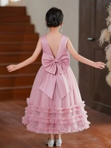 SHEIN Tween Girls' Luxury Fashion Chiffon Dress, Elegant Princess Style Dress Ball Gown For Piano Performance And Hosts - Pink - View 2