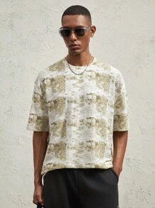 AKNOTIC Business Casual Men's Knitted Loose Fit Round Neck Tie-Dye T-Shirt, Green Short Sleeve With Gradient Plaid Label